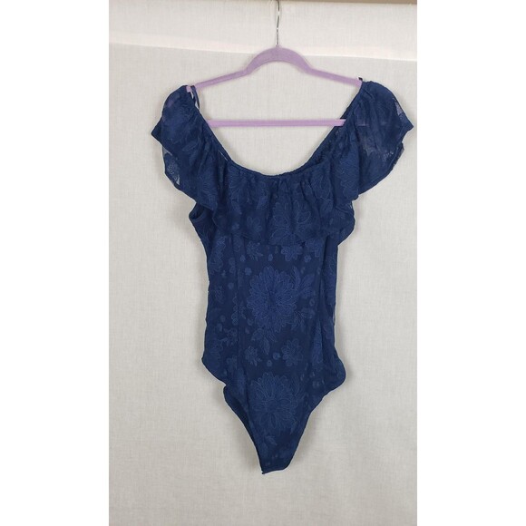 Band of Gypsies Bodysuit L Navy Blue Floral Off Shoulder Whimsigoth Ethereal - Picture 2 of 9